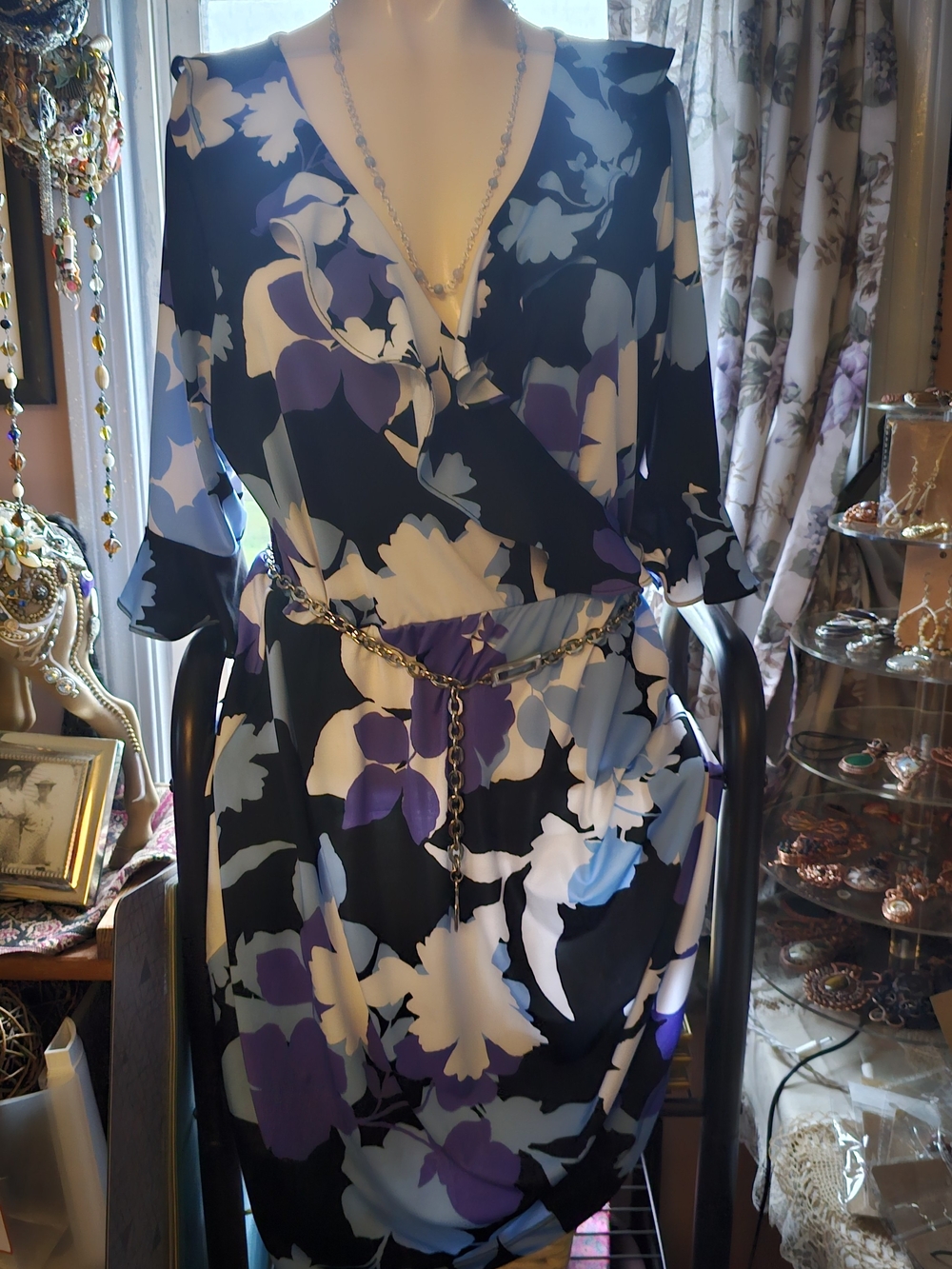 Olivia Matthews Black and Light Blue Printed Dress PXL(138)